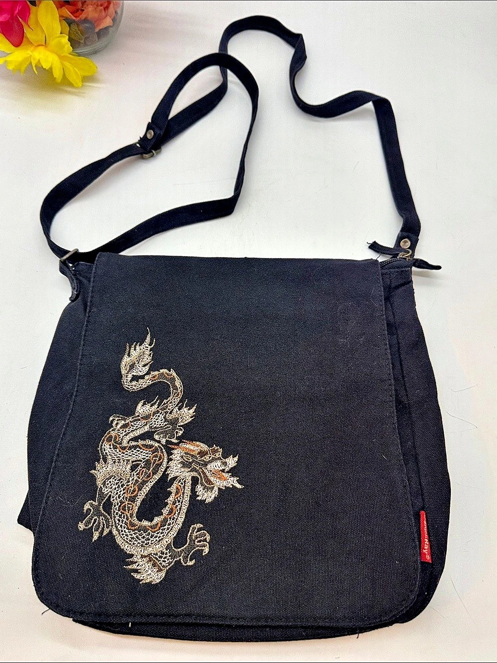 Daniel Ray Embroidered Dragon Crossbody Bag in Black